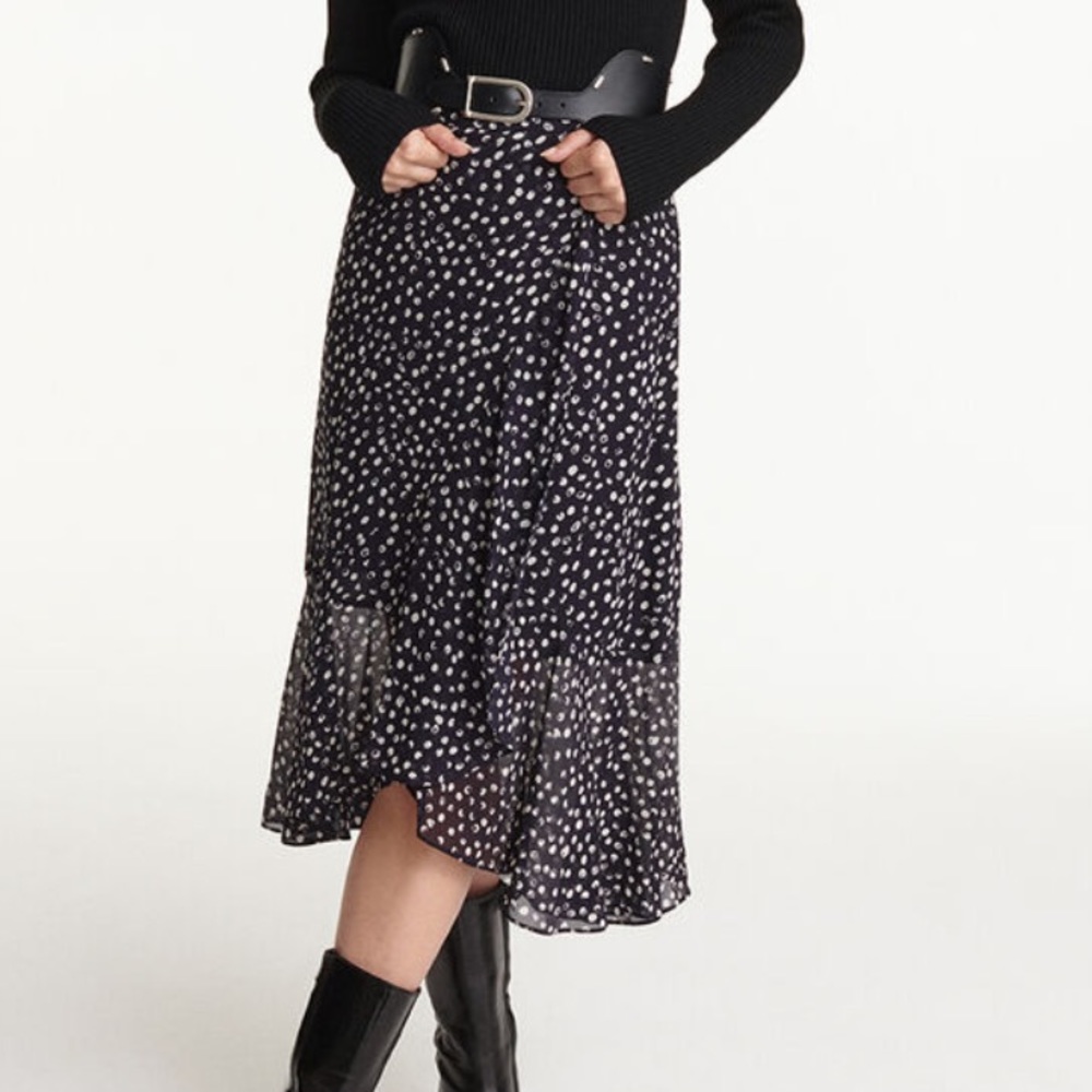 The Kooples Long Flowing Navy Blue Skirt with Polka Dots